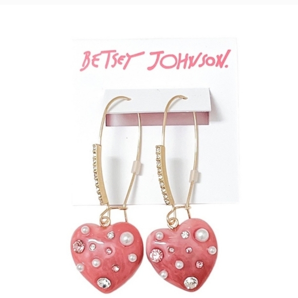 🔹️Betsey Johnson 🔹️Heart Earrings Crystal Pearl Pink New - Picture 1 of 4